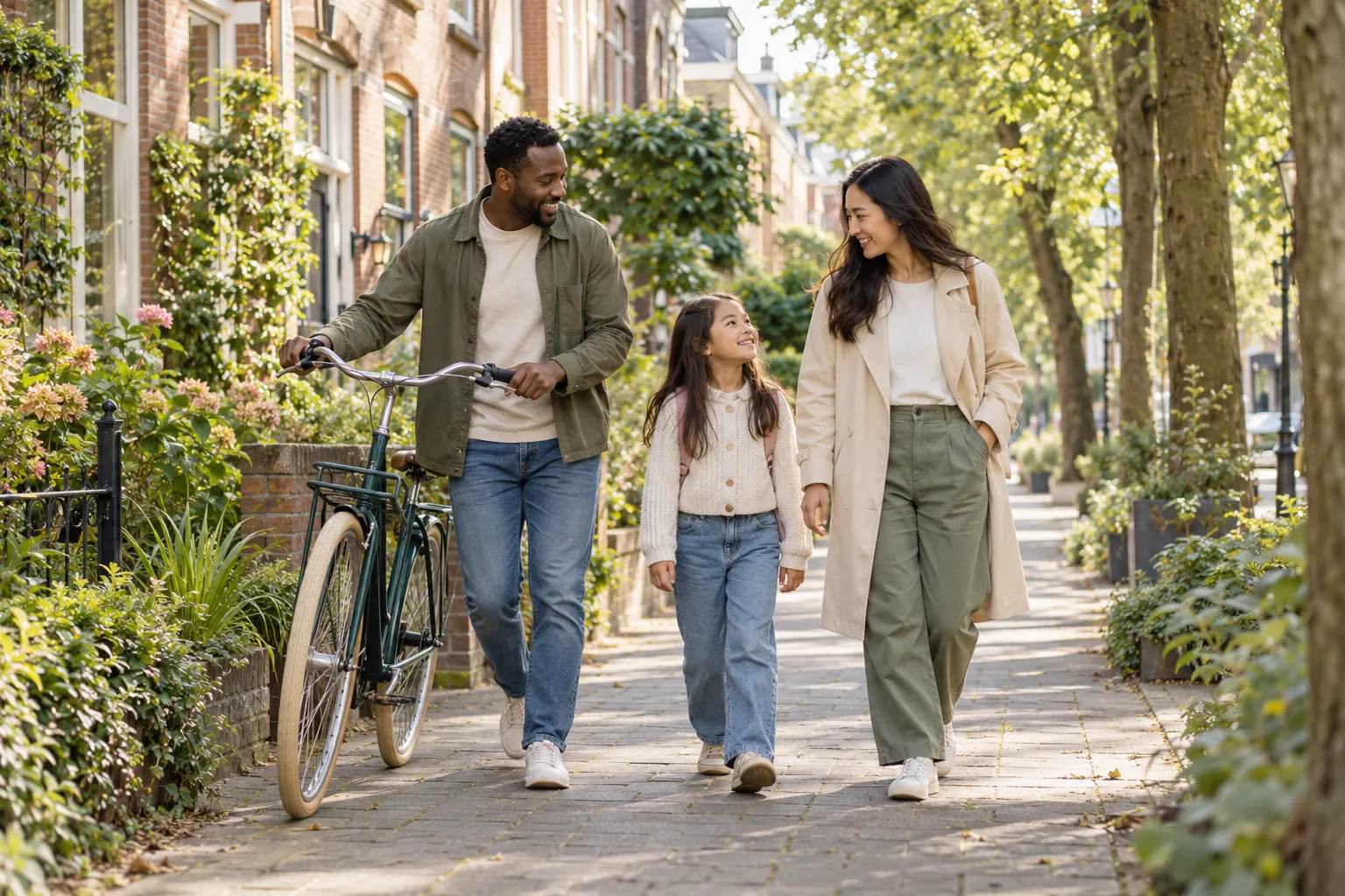 A family walking along a leafy, brick-lined Dutch street, the father wheeling a bicycle.