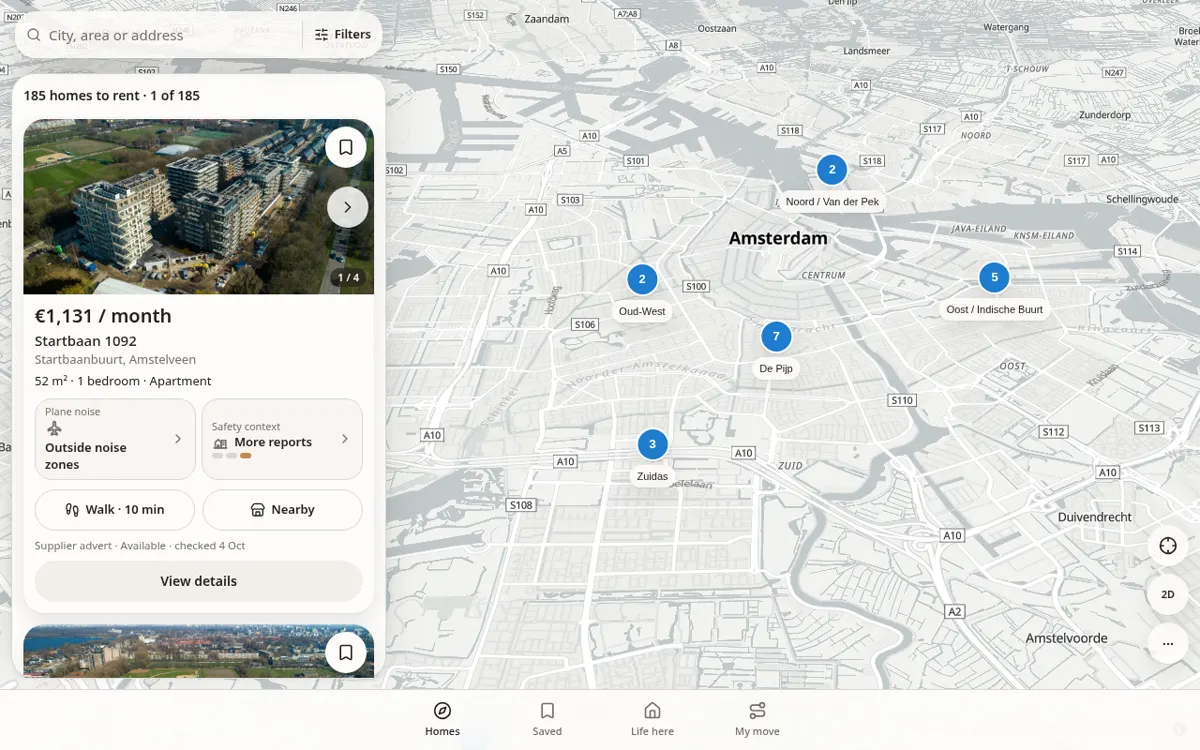 The Moving2 map of Amsterdam with home clusters and a home card showing plane-noise and safety context.
